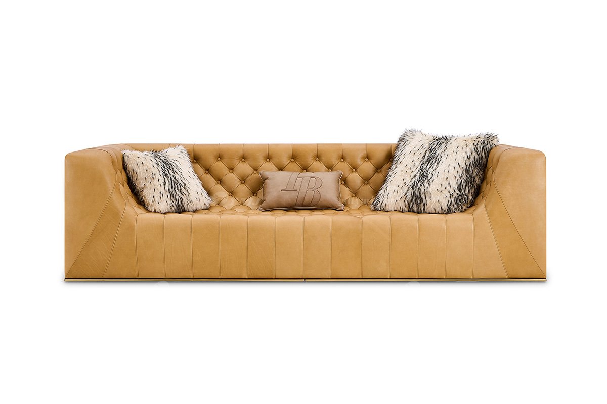 意式輕奢家具高端別墅會(huì)所家用時(shí)尚舒適大氣豪宅金屬+黃色拉扣四位沙發(fā)