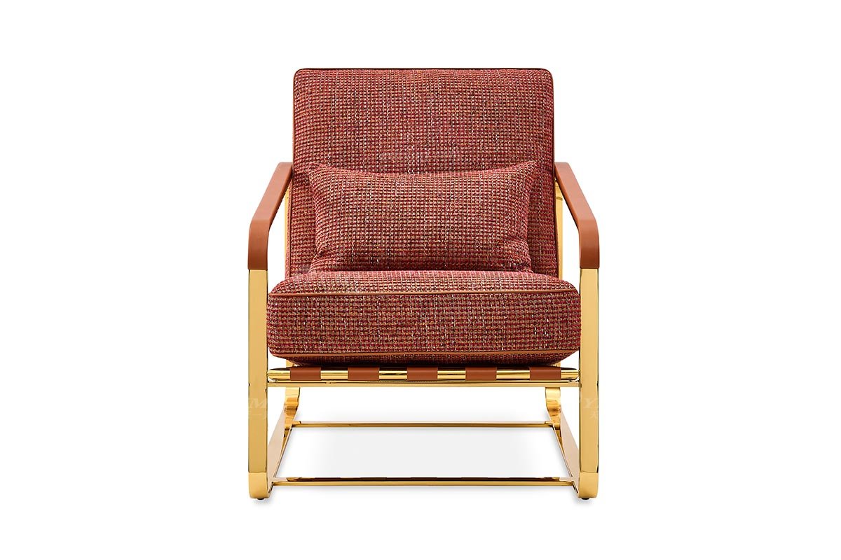 意式輕奢家具高端別墅會(huì)所大宅家用時(shí)尚舒適橙棕色布藝+鈦金屬休閑椅