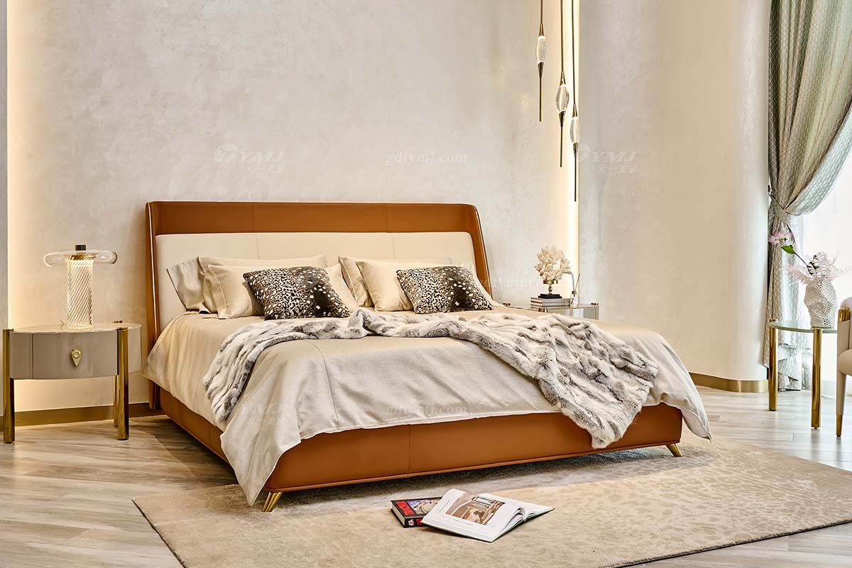 意式輕奢家具高端別墅會(huì)所大宅家用時(shí)尚奢華鈦金屬橙色真皮1.8米大床118B21M床2