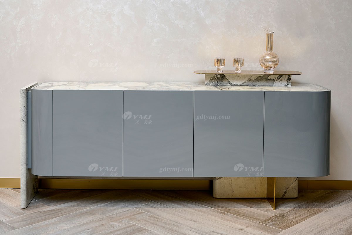 意式輕奢家具高端別墅會所豪宅家用奢華天然大理石+鈦金屬餐邊柜128D7餐邊柜2